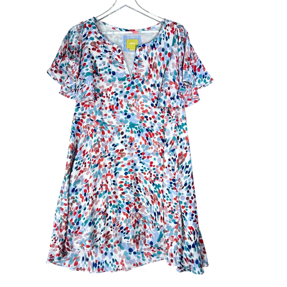 Maeve Anthropologie Watercolor Dot Cold Shoulder Flutter Sleeve Midi Dress M